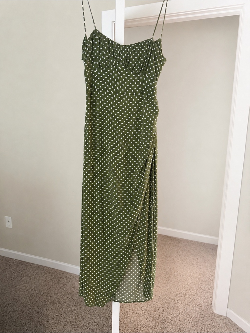 Zara Olive Green Polka Dot Midi Slip Dress